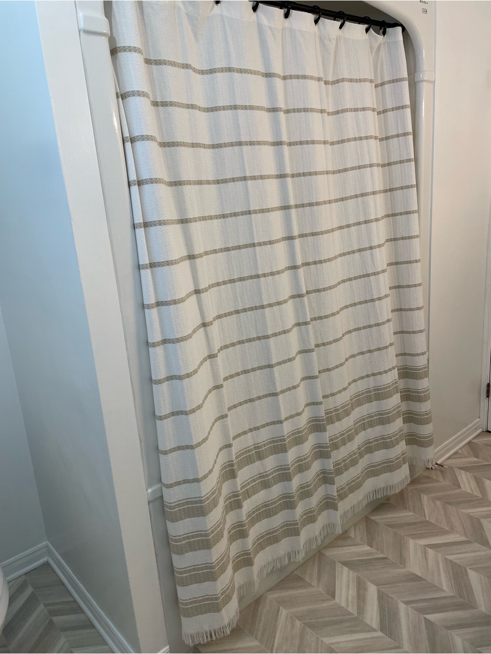 Striped White and Beige Turkish Towel Material Shower Curtain